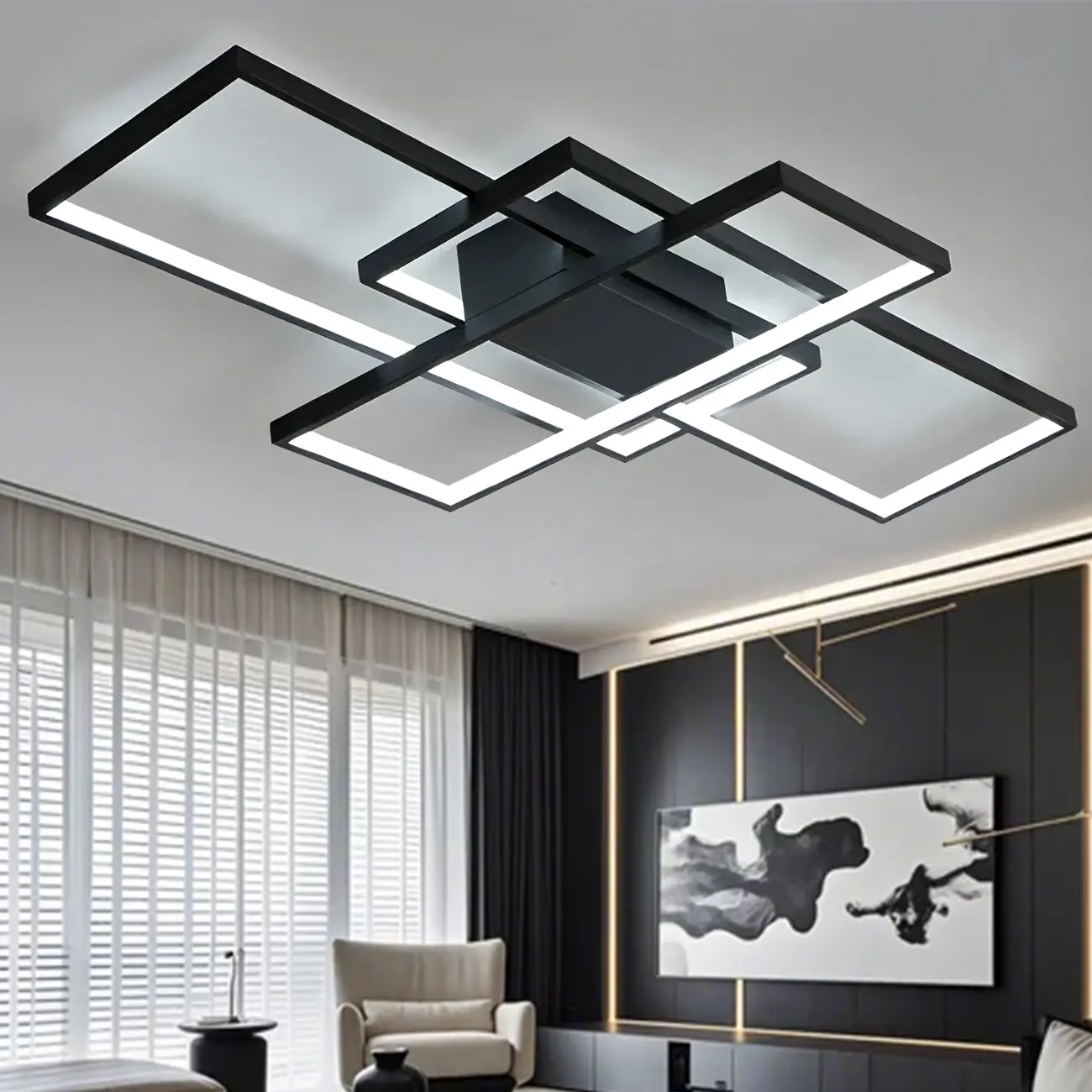 Black Square Metal Modern Semi Flush Ceiling Light Image - 3 | homeyfad
