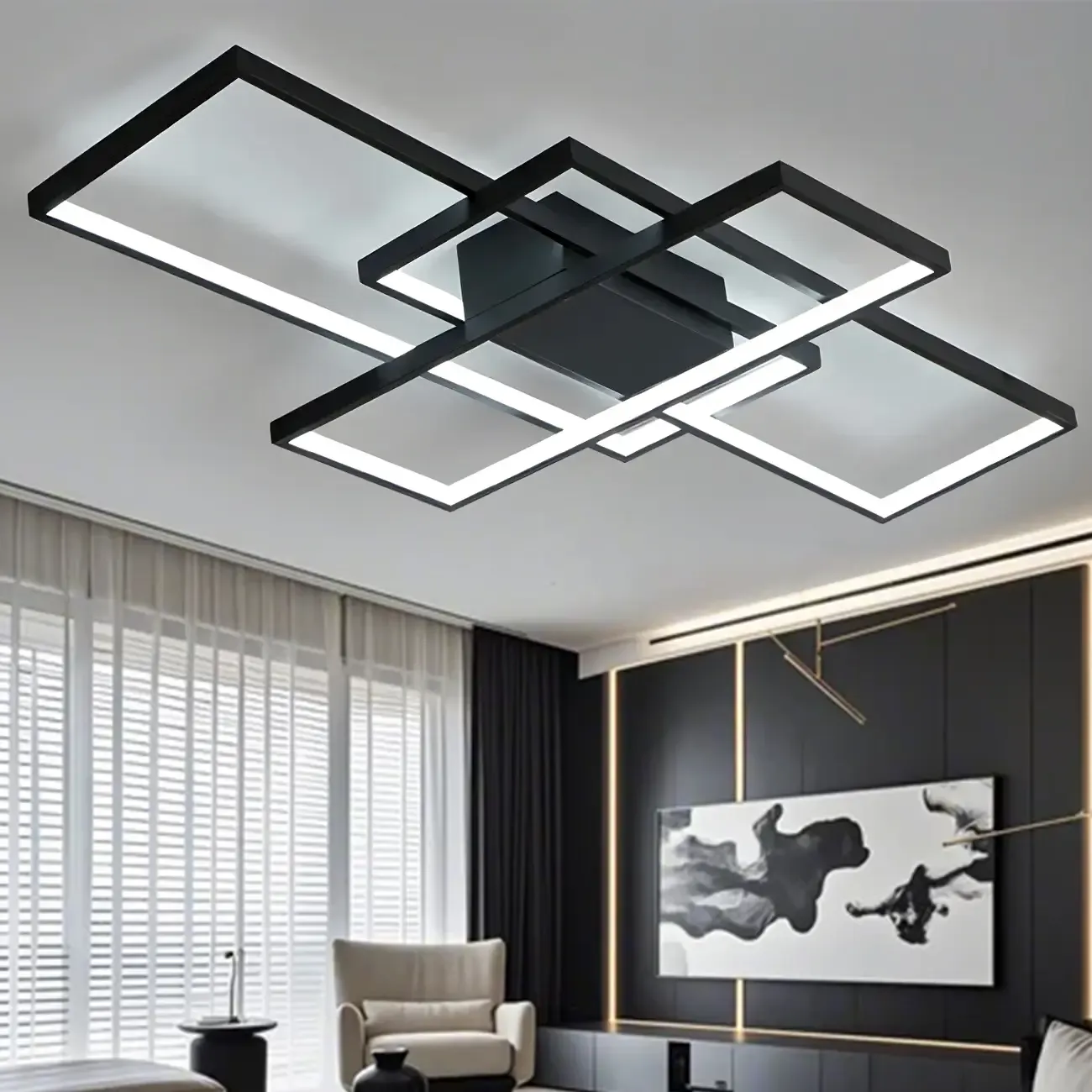 Black Square Metal Modern Semi Flush Ceiling Light Image - 3
