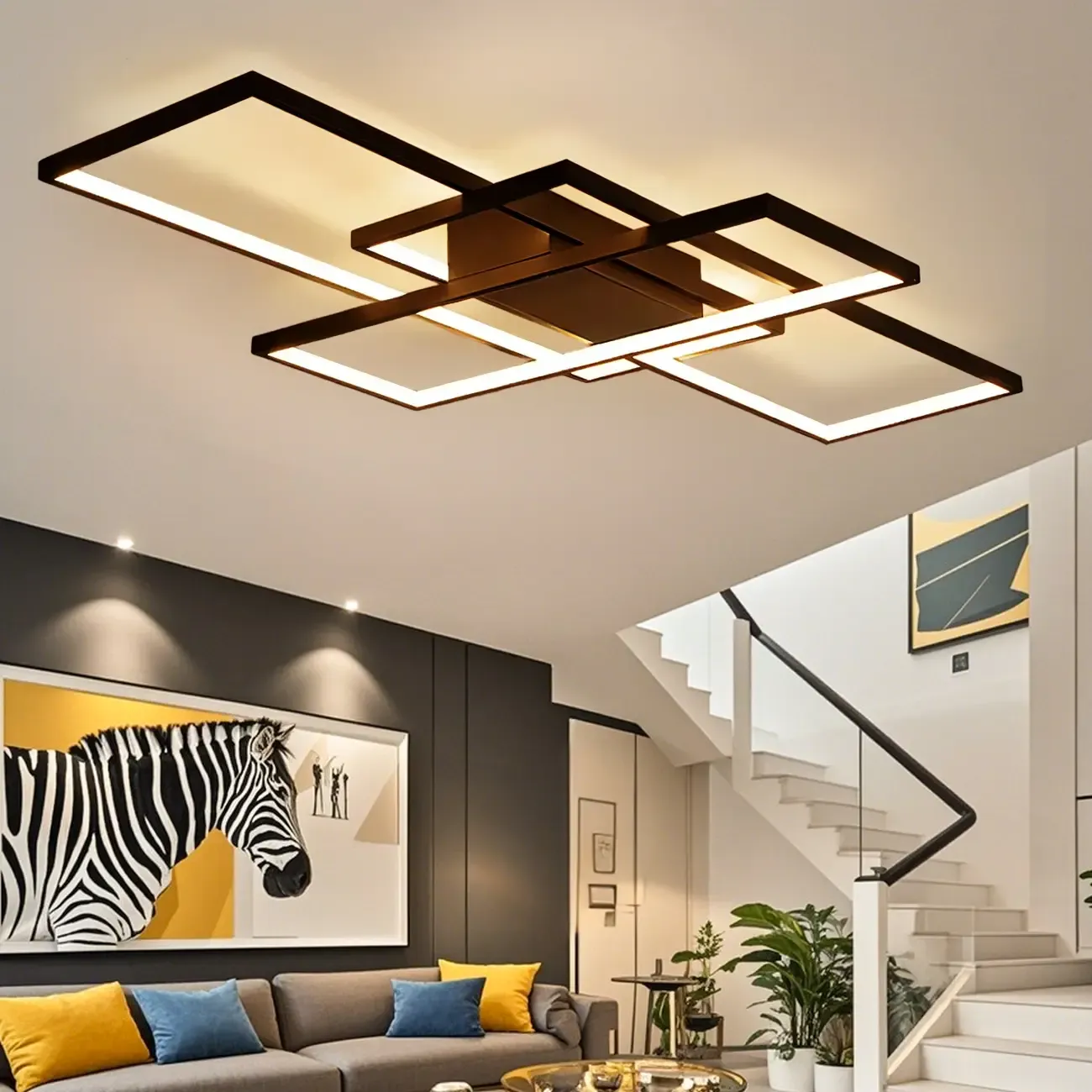 Black Square Metal Modern Semi Flush Ceiling Light Image - 4