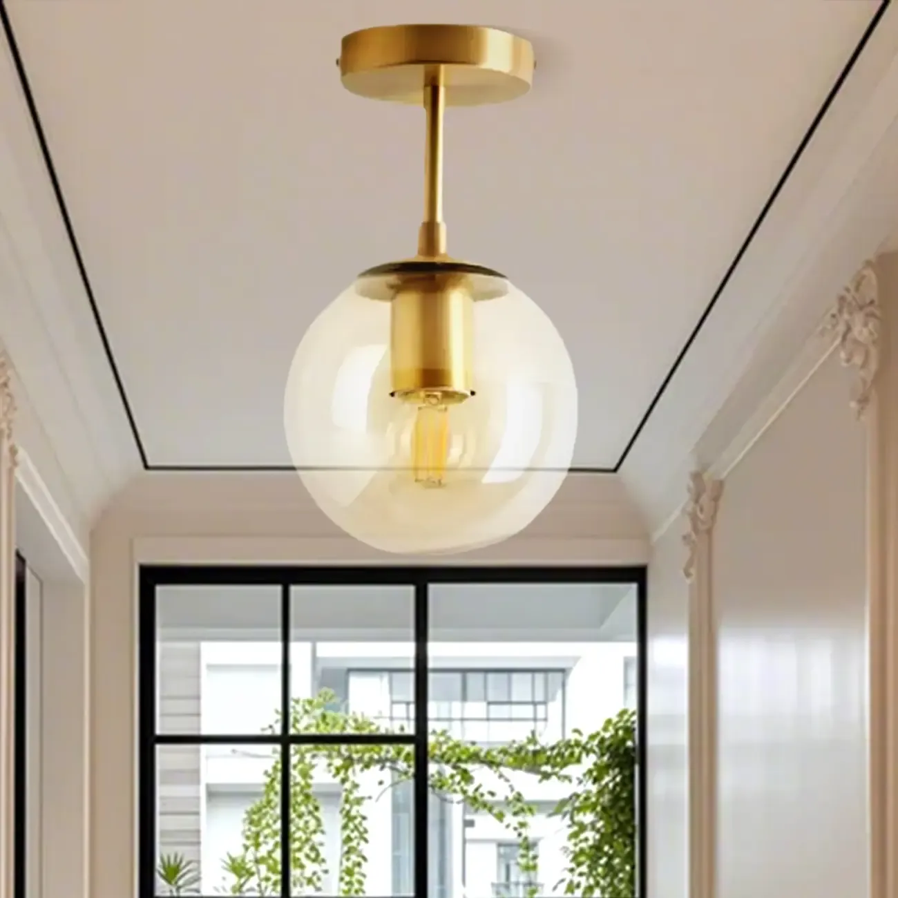 Minimalist Clear Globe Glass Metal Semi Flush Mount Light Image - 1