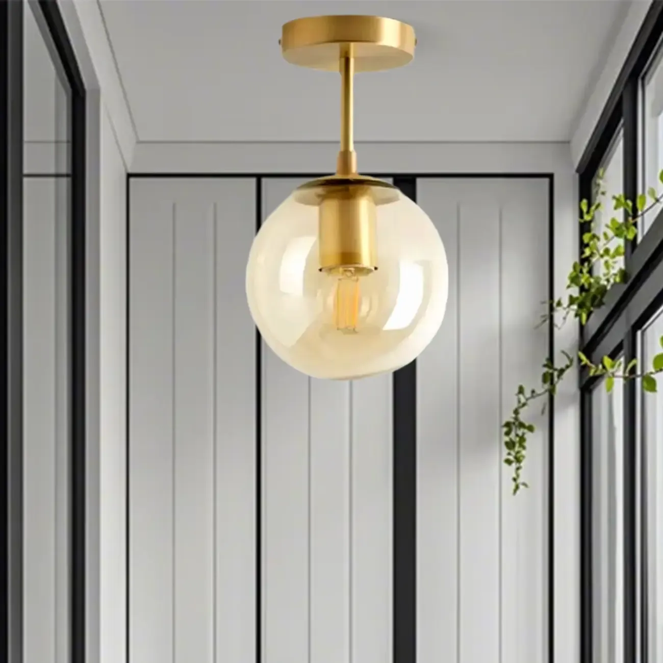 Minimalist Clear Globe Glass Metal Semi Flush Mount Light Image - 3