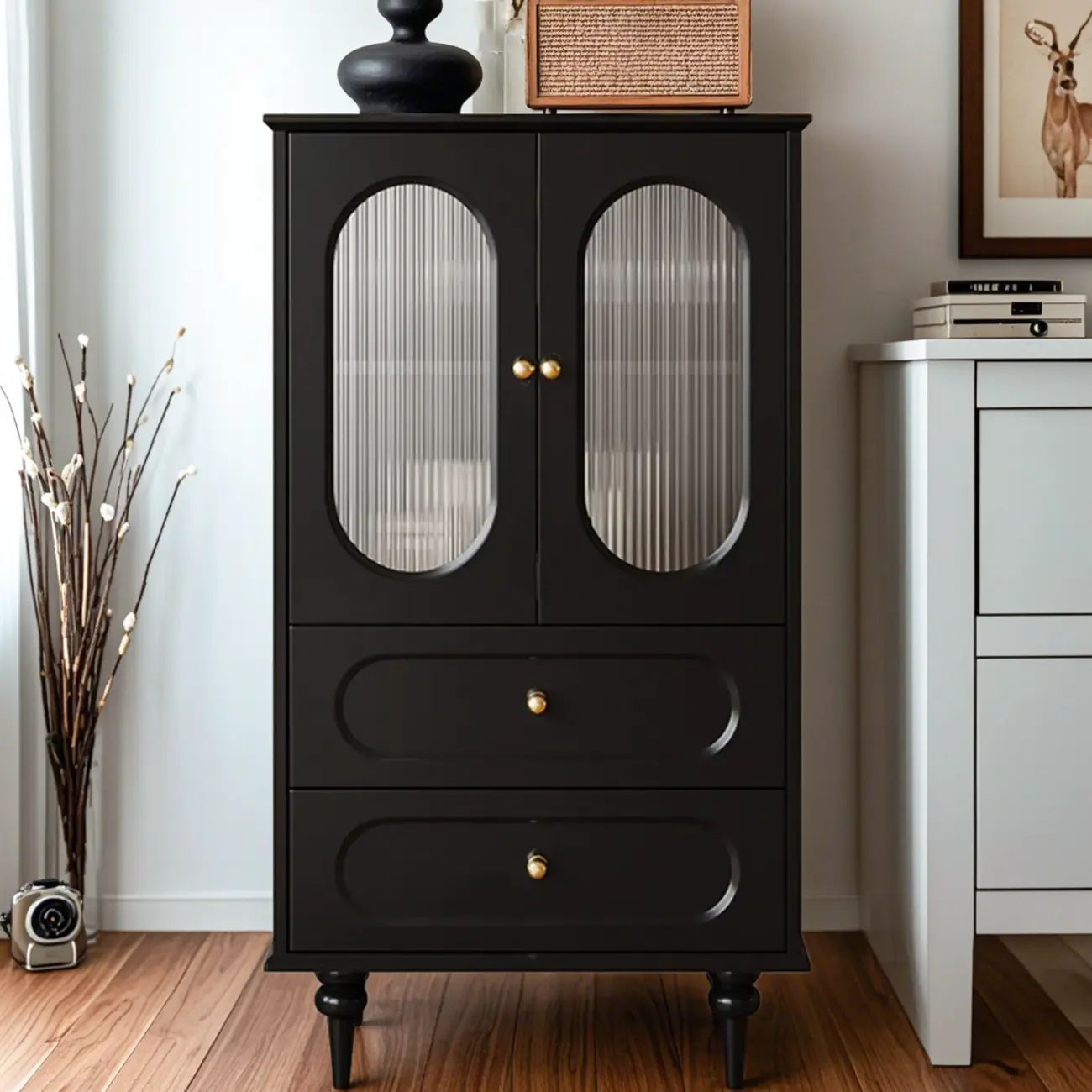Elegant Black Wooden Accent Cabinet with Drawers & Doors Image - 1 | homeyfad