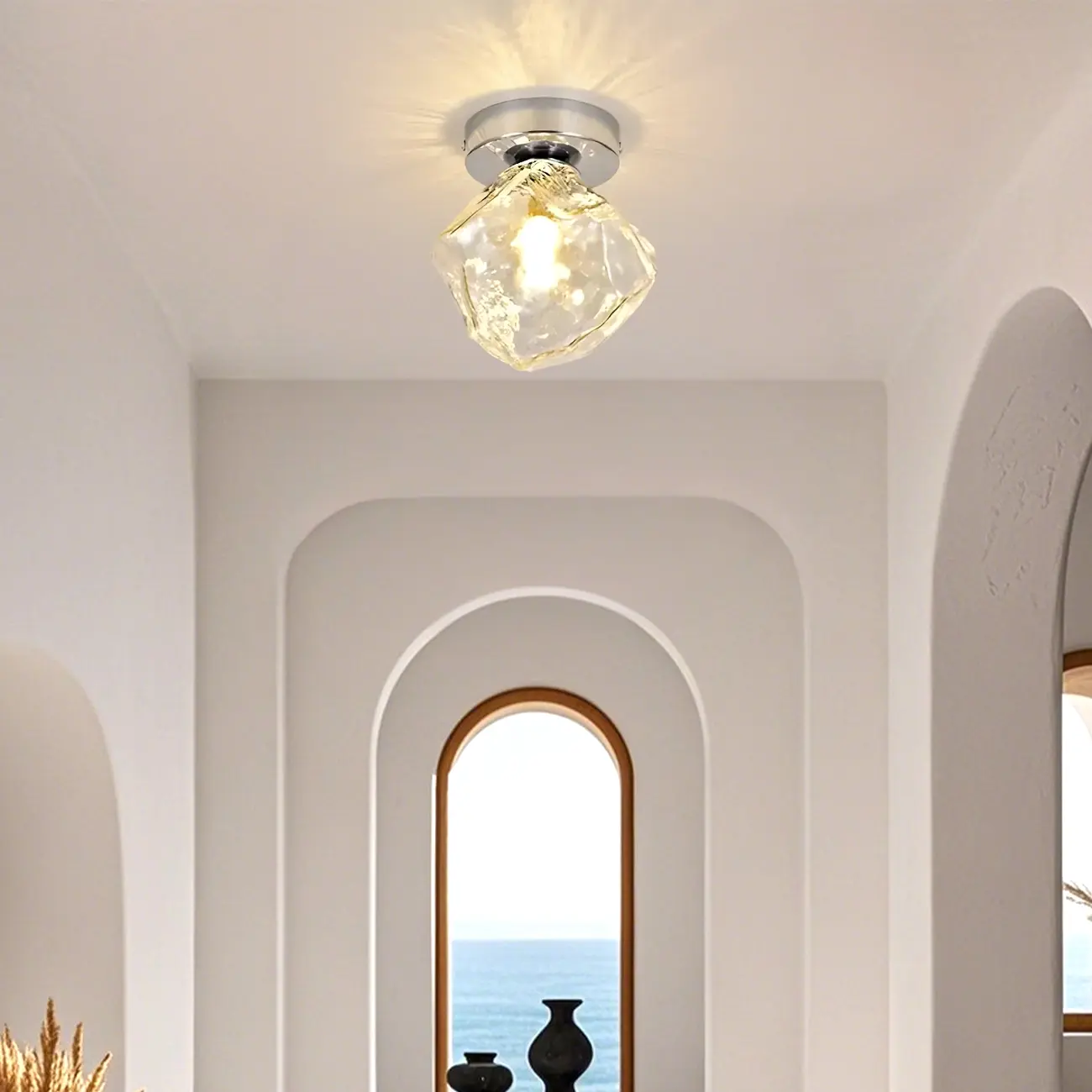 Clear Glass Rock Design Chrome Semi Flush Ceiling Light Image - 1 | homeyfad