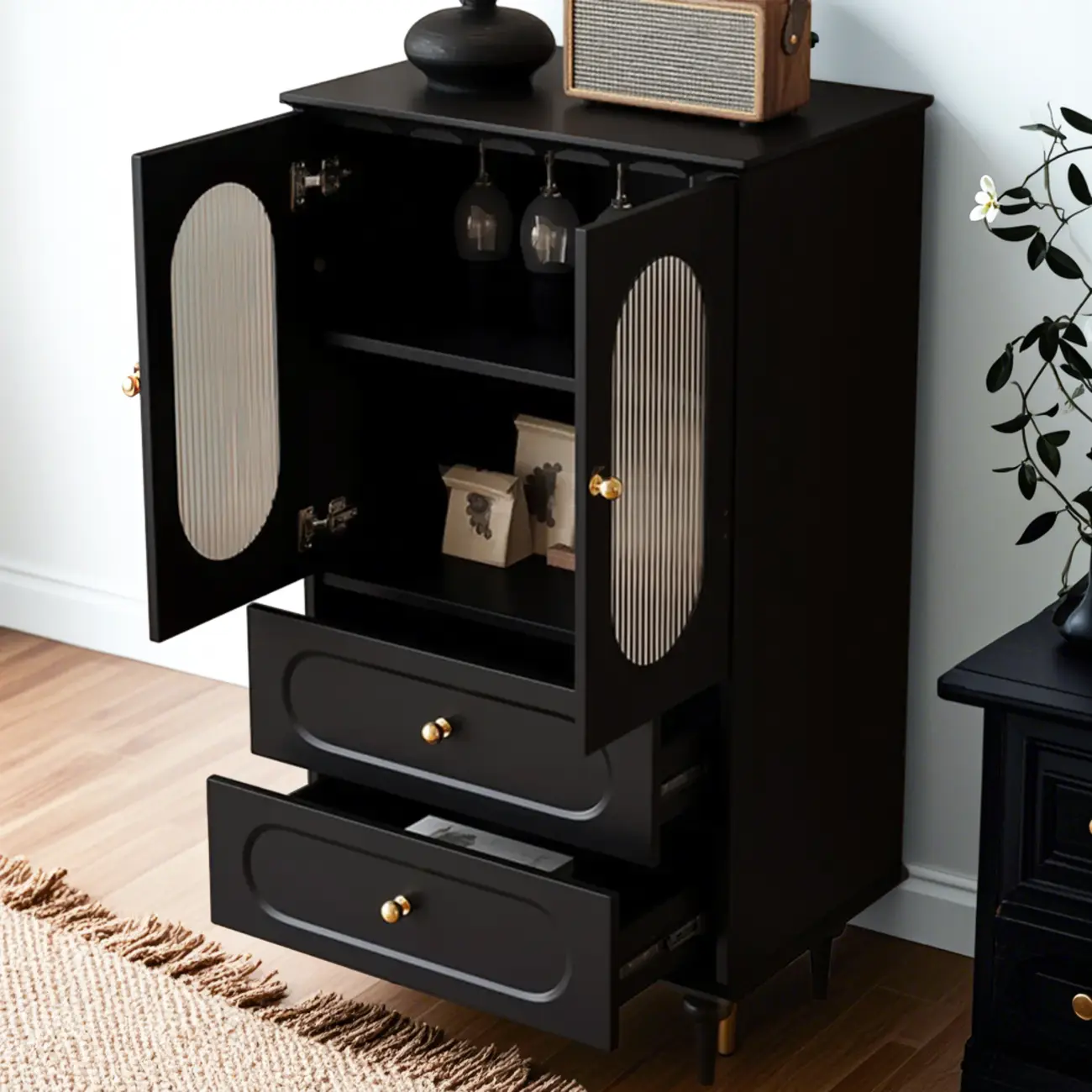 Elegant Black Wooden Accent Cabinet with Drawers & Doors Image - 3 | homeyfad