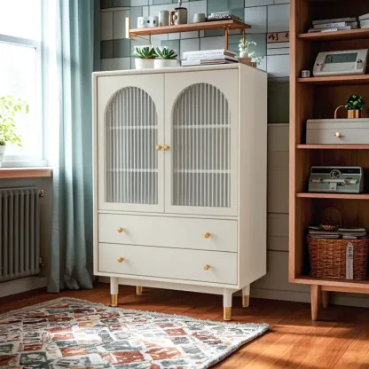 Modern Beige Solid Wood Accent Cabinet with 2 Drawers Image - 5