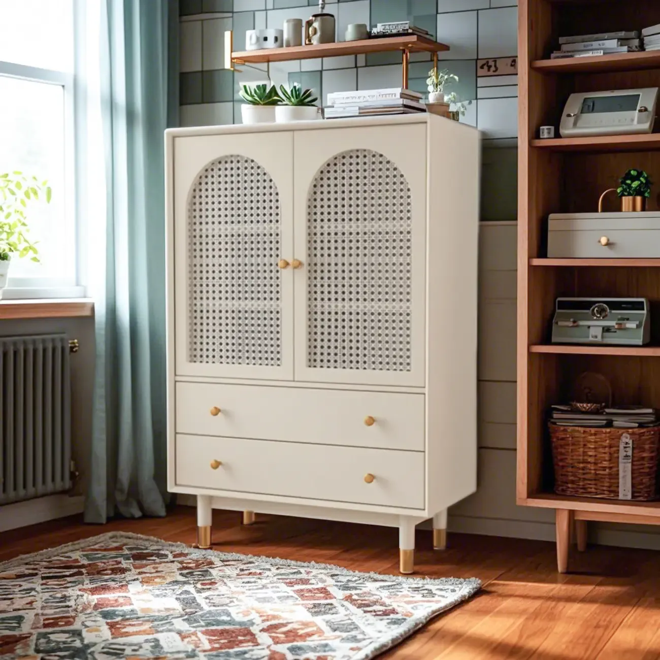Modern Beige Solid Wood Accent Cabinet with 2 Drawers Image - 1