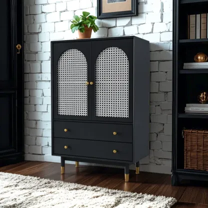 Modern Beige Solid Wood Accent Cabinet with 2 Drawers Image - 4