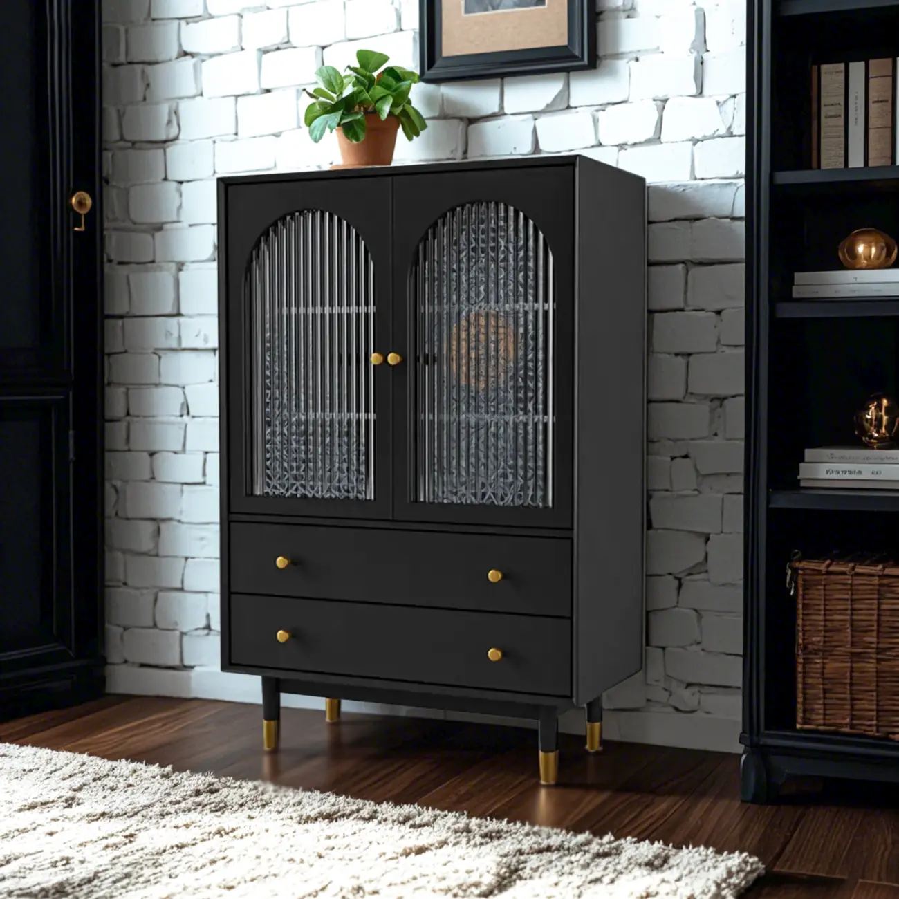 Modern Beige Solid Wood Accent Cabinet with 2 Drawers Image - 3 | homeyfad