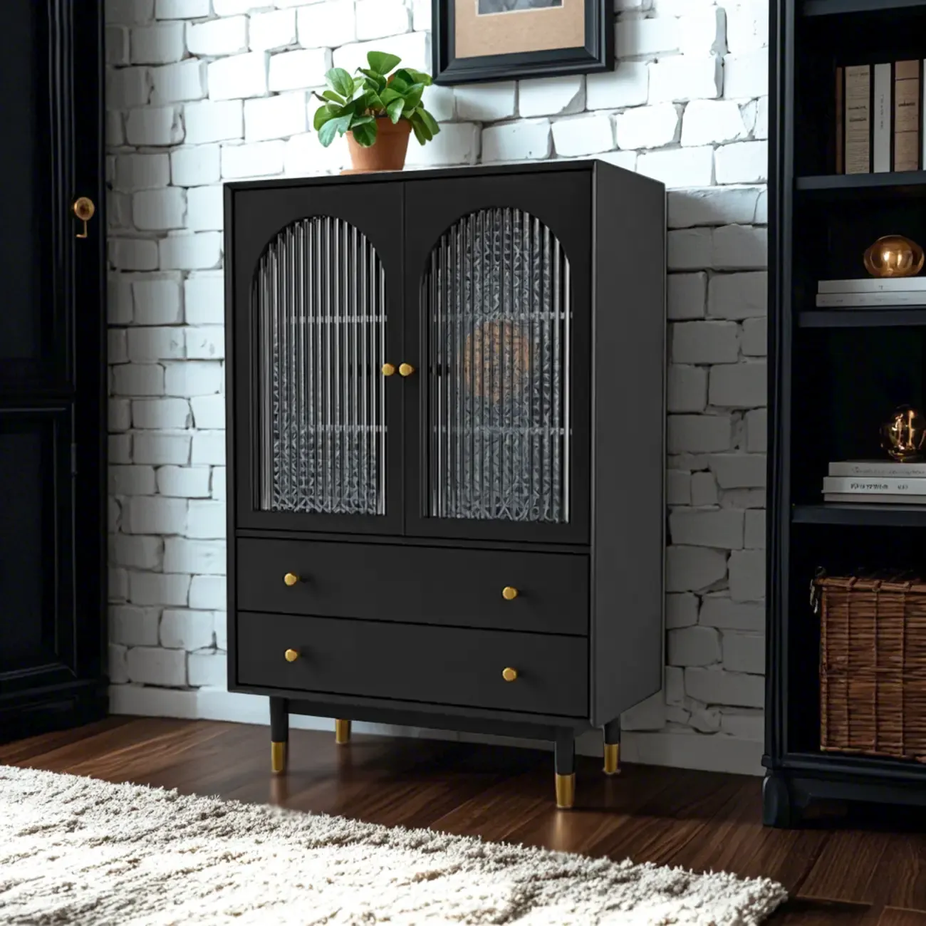 Modern Beige Solid Wood Accent Cabinet with 2 Drawers Image - 3