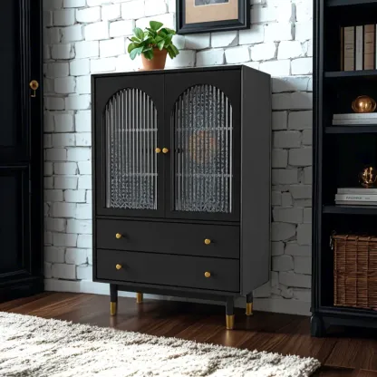 Modern Beige Solid Wood Accent Cabinet with 2 Drawers Image - 3