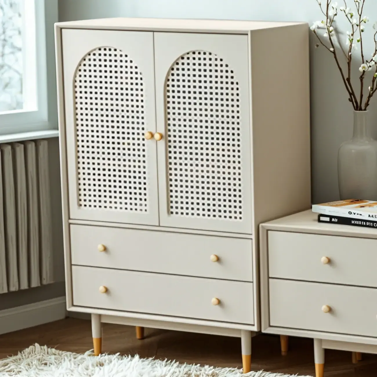 Modern Beige Solid Wood Accent Cabinet with 2 Drawers Image - 2
