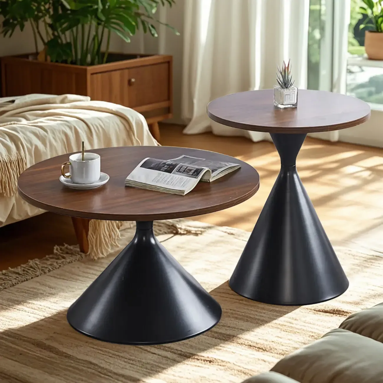 Modern Minimalist  Round Coffee Table Set with Wooden Top  Image - 1