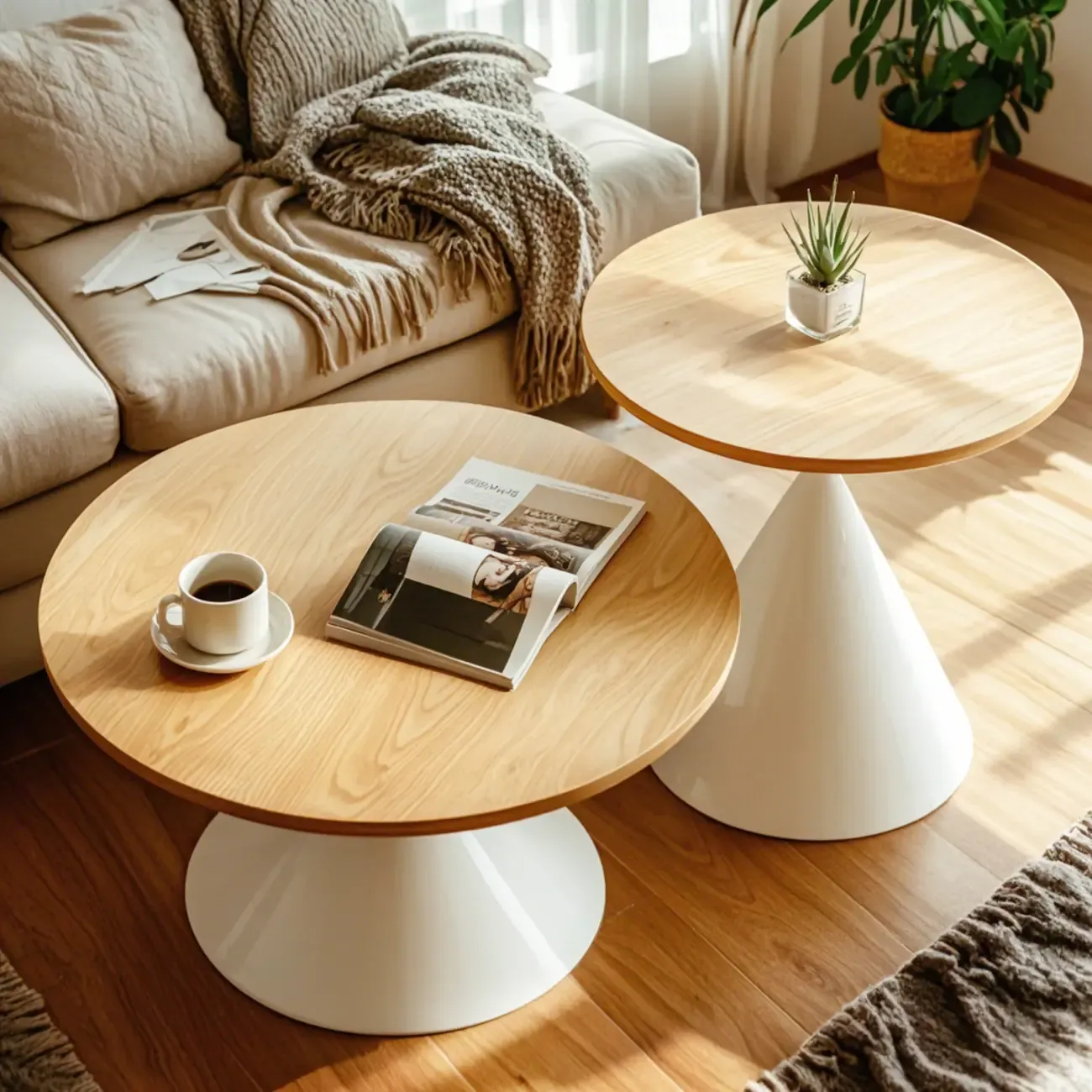 Modern Minimalist Round Coffee Table Set with Wooden Top Image - 2