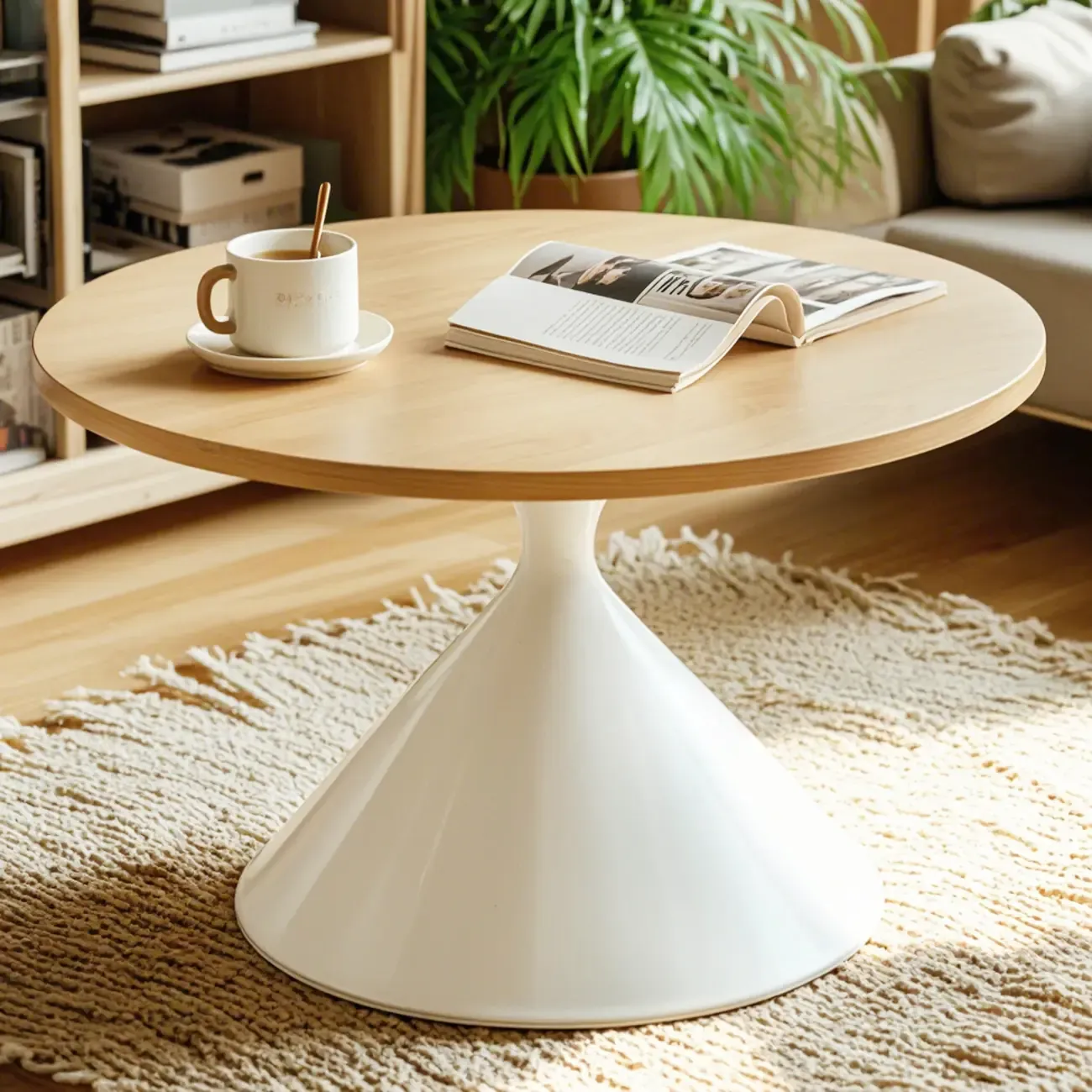 Modern Minimalist Round Coffee Table Set with Wooden Top Image - 4
