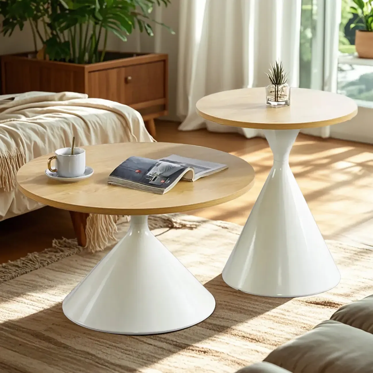 Modern Minimalist Round Coffee Table Set with Wooden Top Image - 5