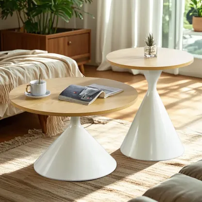 Modern Minimalist  Round Coffee Table Set with Wooden Top  Image - 5