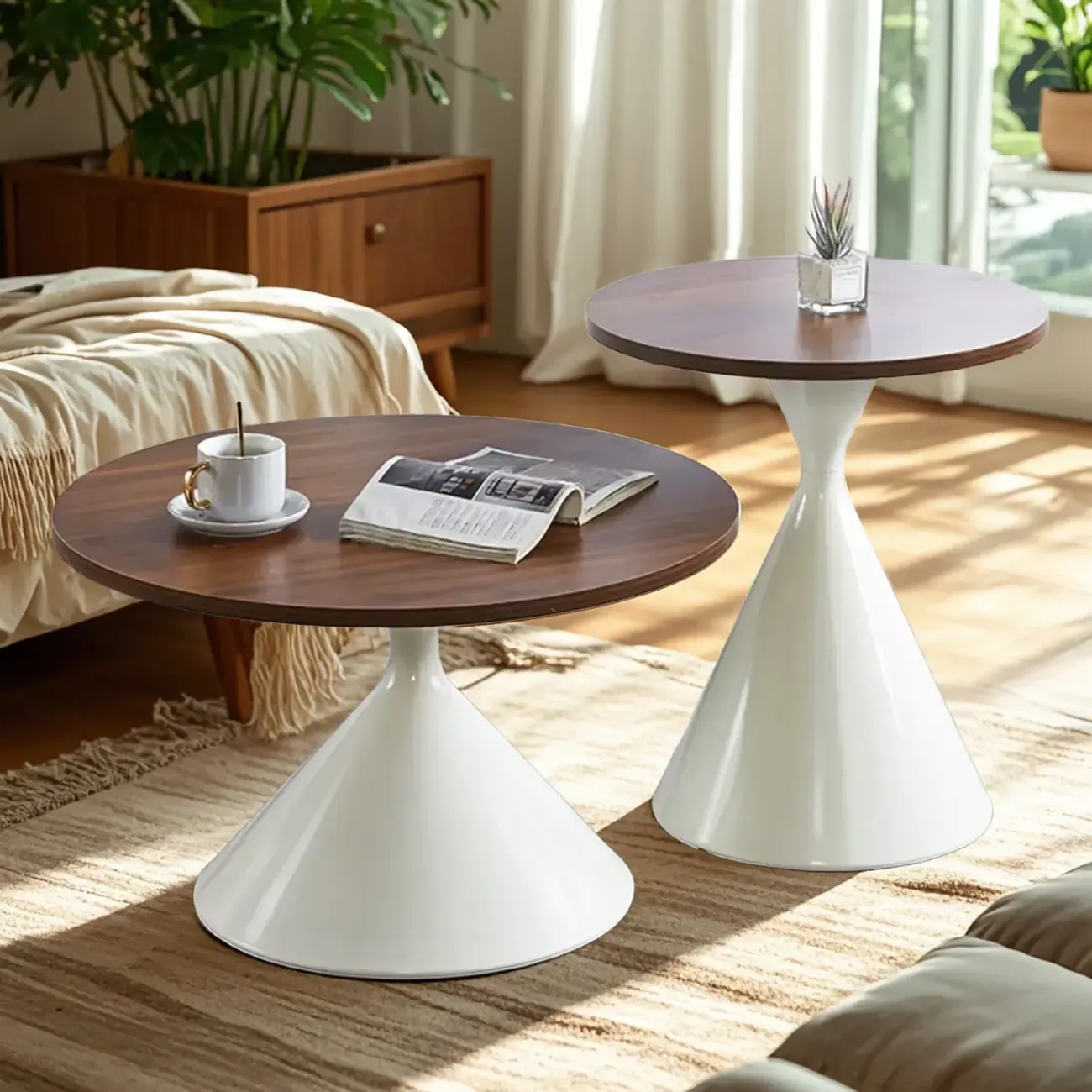 Modern Minimalist Round Coffee Table Set with Wooden Top Image - 9