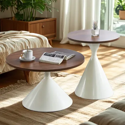 Modern Minimalist  Round Coffee Table Set with Wooden Top  Image - 9