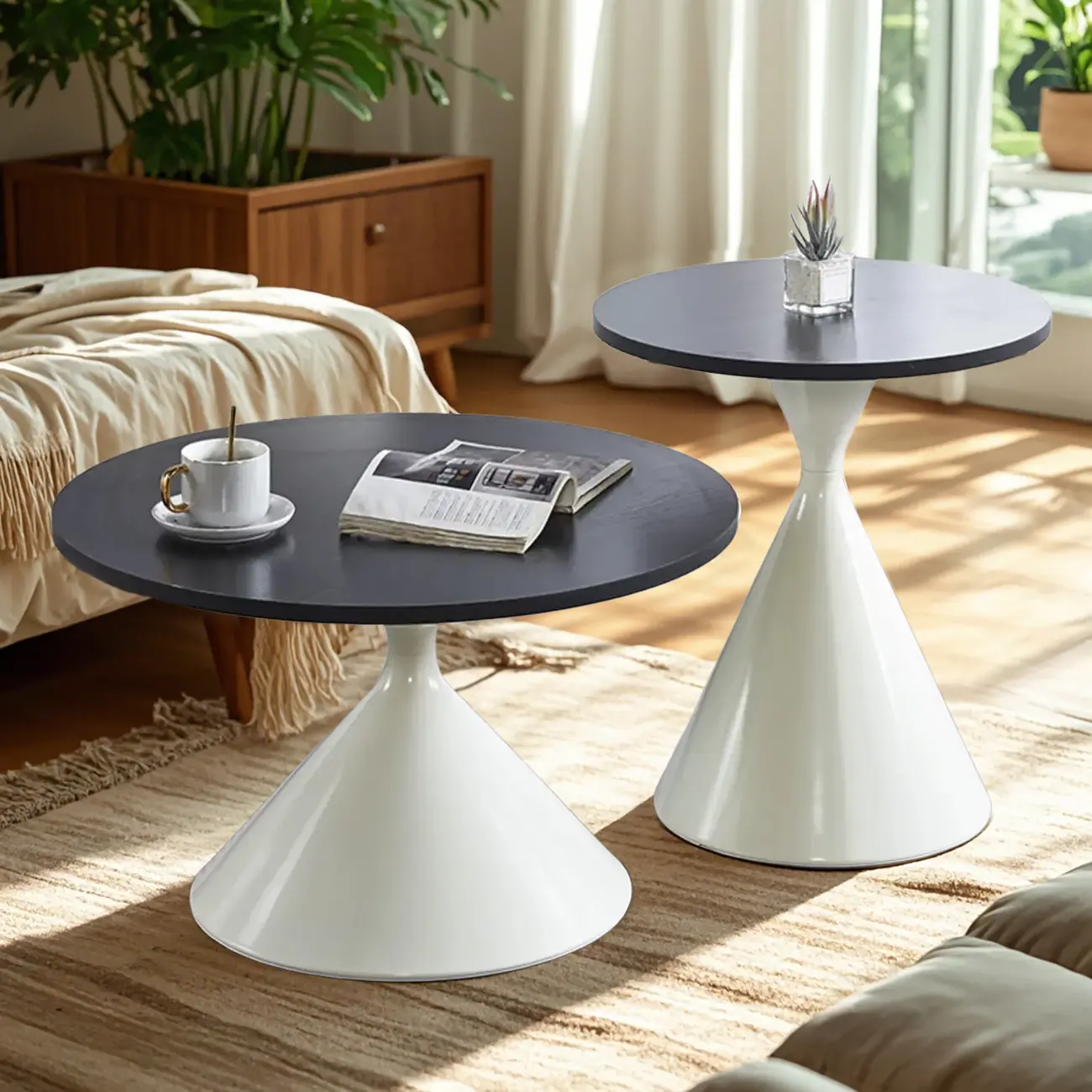 Modern Minimalist  Round Coffee Table Set with Wooden Top  Image - 13 | homeyfad