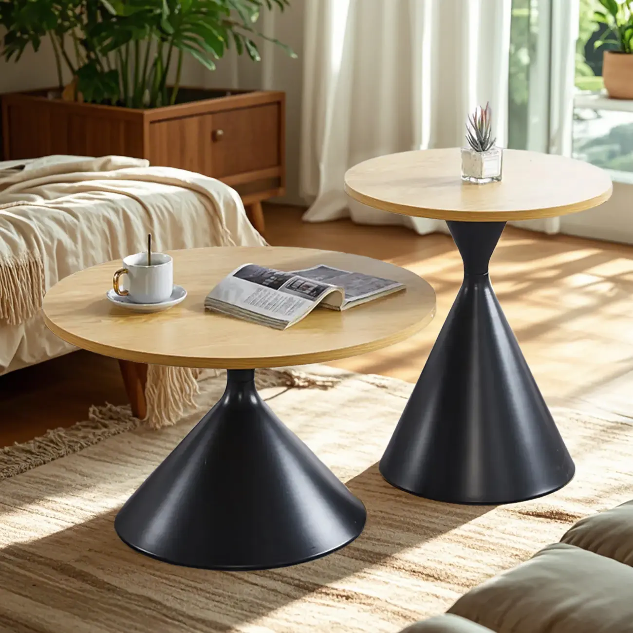 Modern Minimalist  Round Coffee Table Set with Wooden Top  Image - 18 | homeyfad