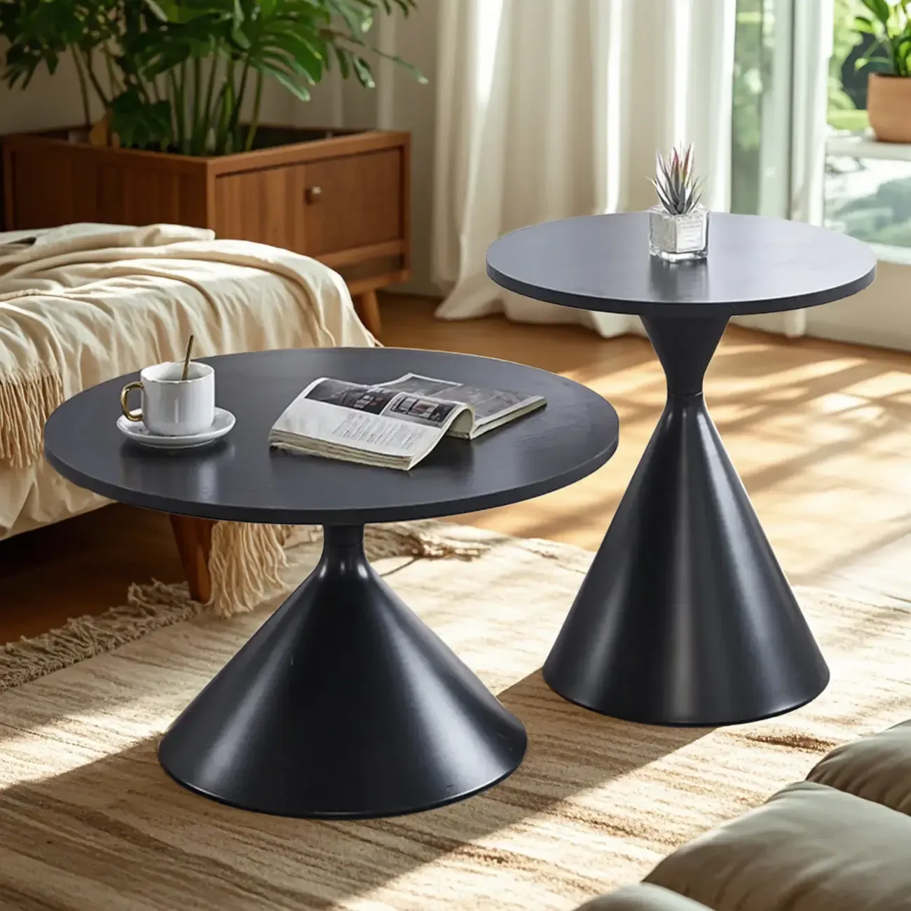 Modern Minimalist  Round Coffee Table Set with Wooden Top  Image - 21