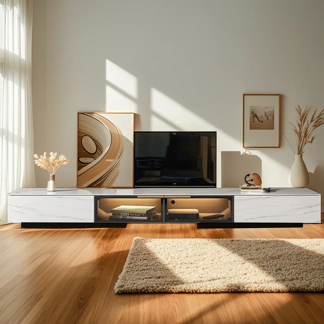 Classic Stone TV Stand with Lighting and Drawers for Living Room Image - 2 | homeyfad