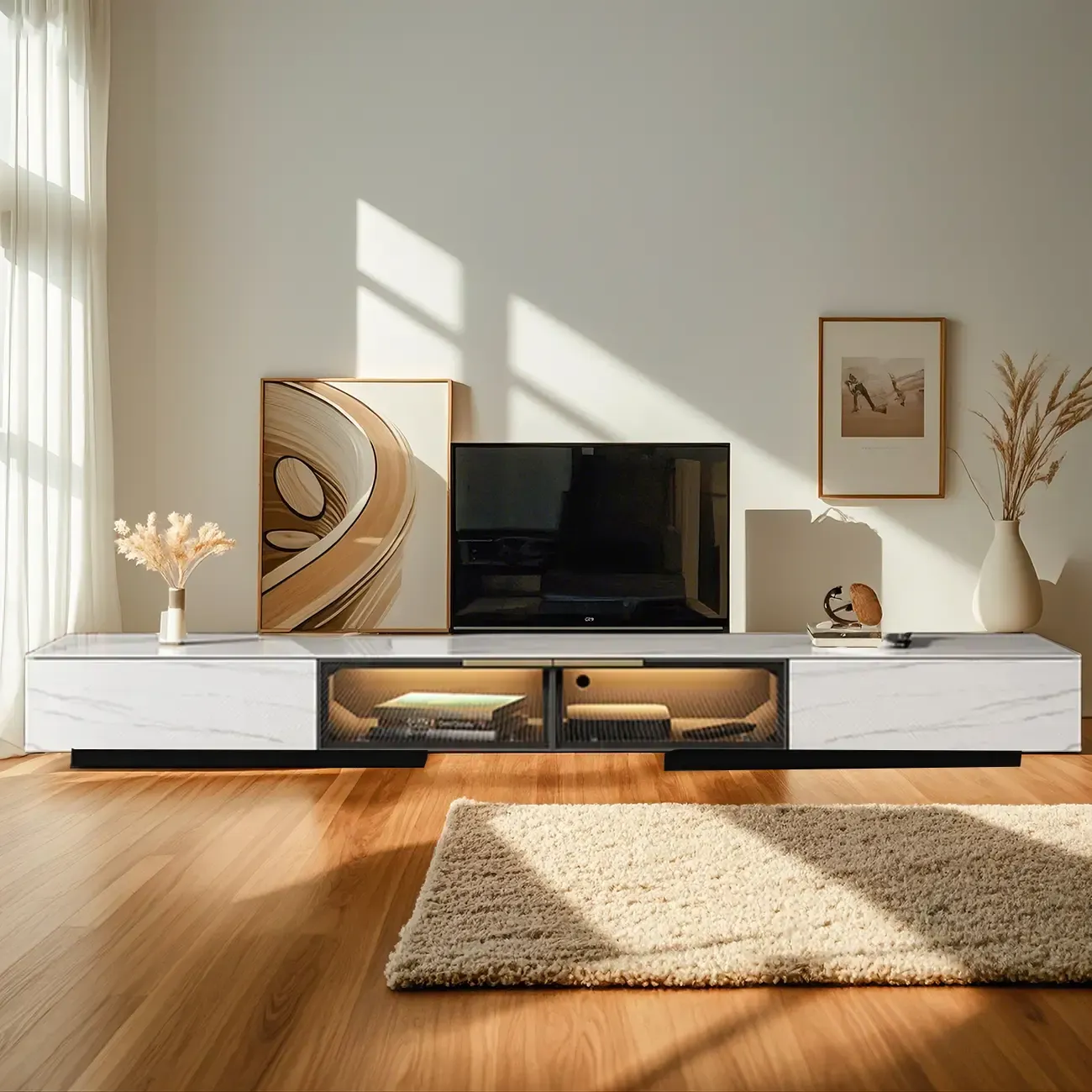 Classic Stone TV Stand with Lighting and Drawers for Living Room Image - 2