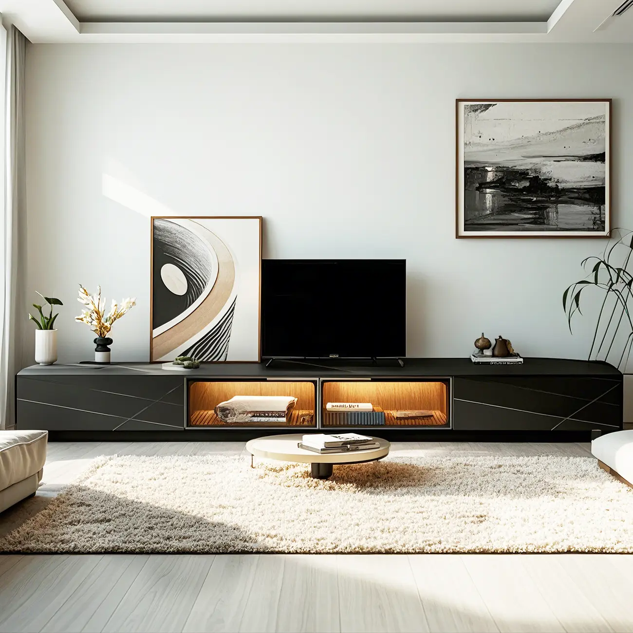 Classic Stone TV Stand with Lighting and Drawers for Living Room Image - 1 | homeyfad