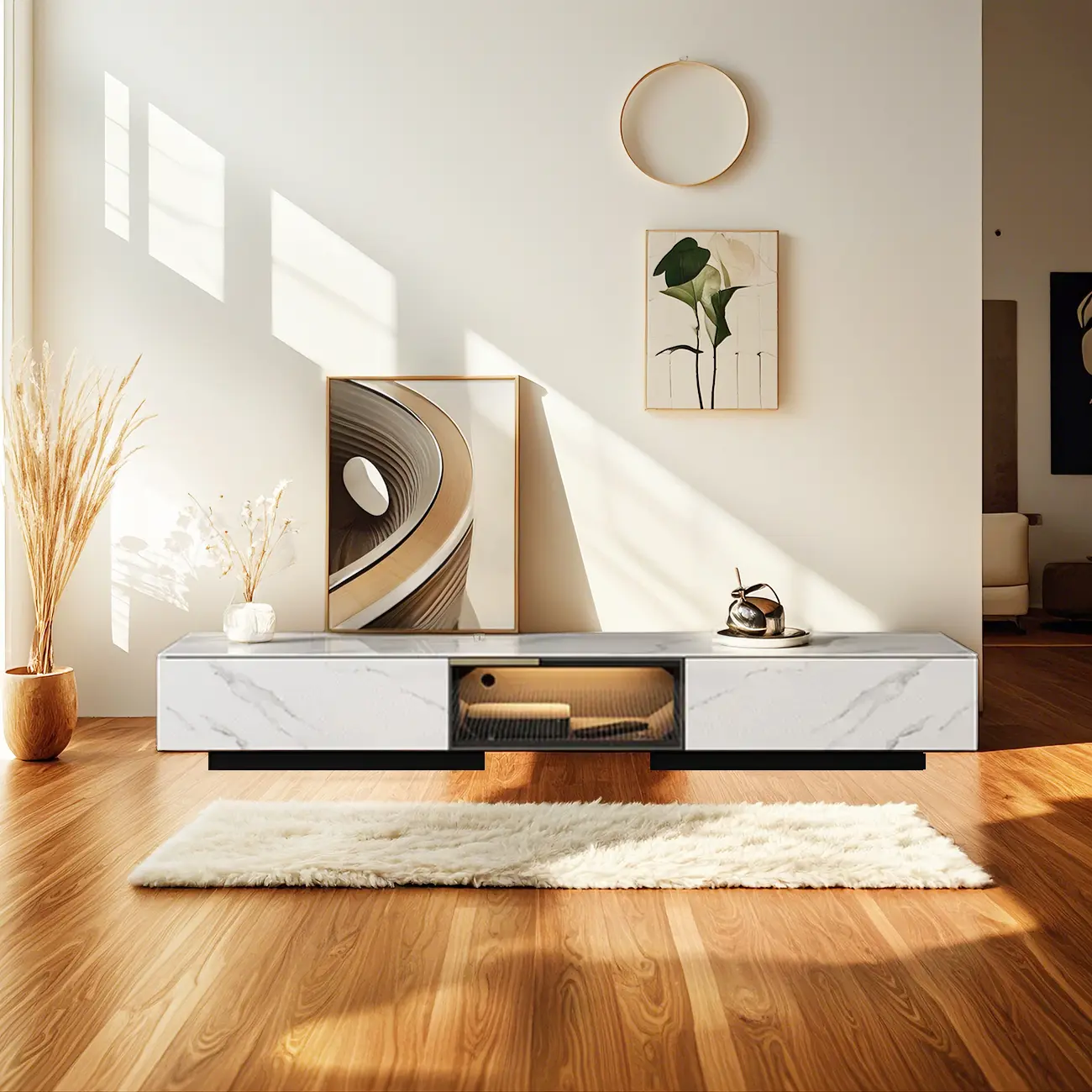 Classic Stone TV Stand with Lighting and Drawers for Living Room Image - 3 | homeyfad