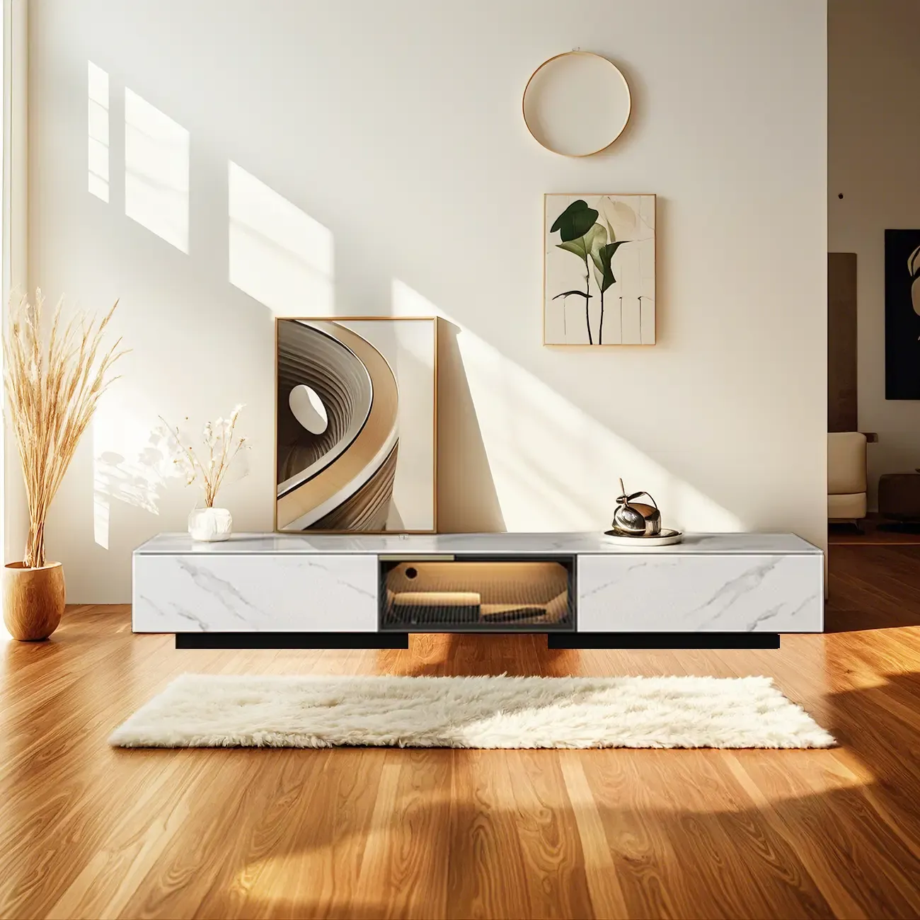 Classic Stone TV Stand with Lighting and Drawers for Living Room Image - 3