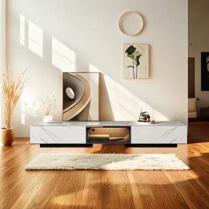 Classic Stone TV Stand with Lighting and Drawers for Living Room Image - 3