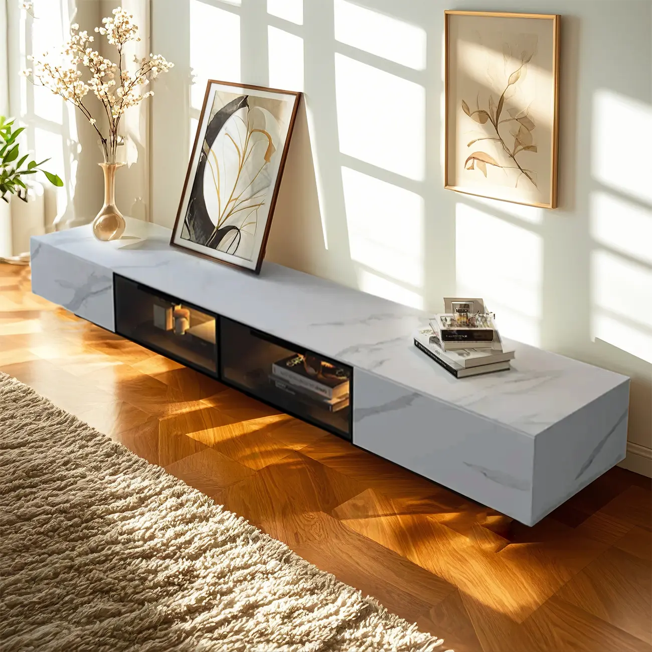 Classic Stone TV Stand with Lighting and Drawers for Living Room Image - 5 | homeyfad