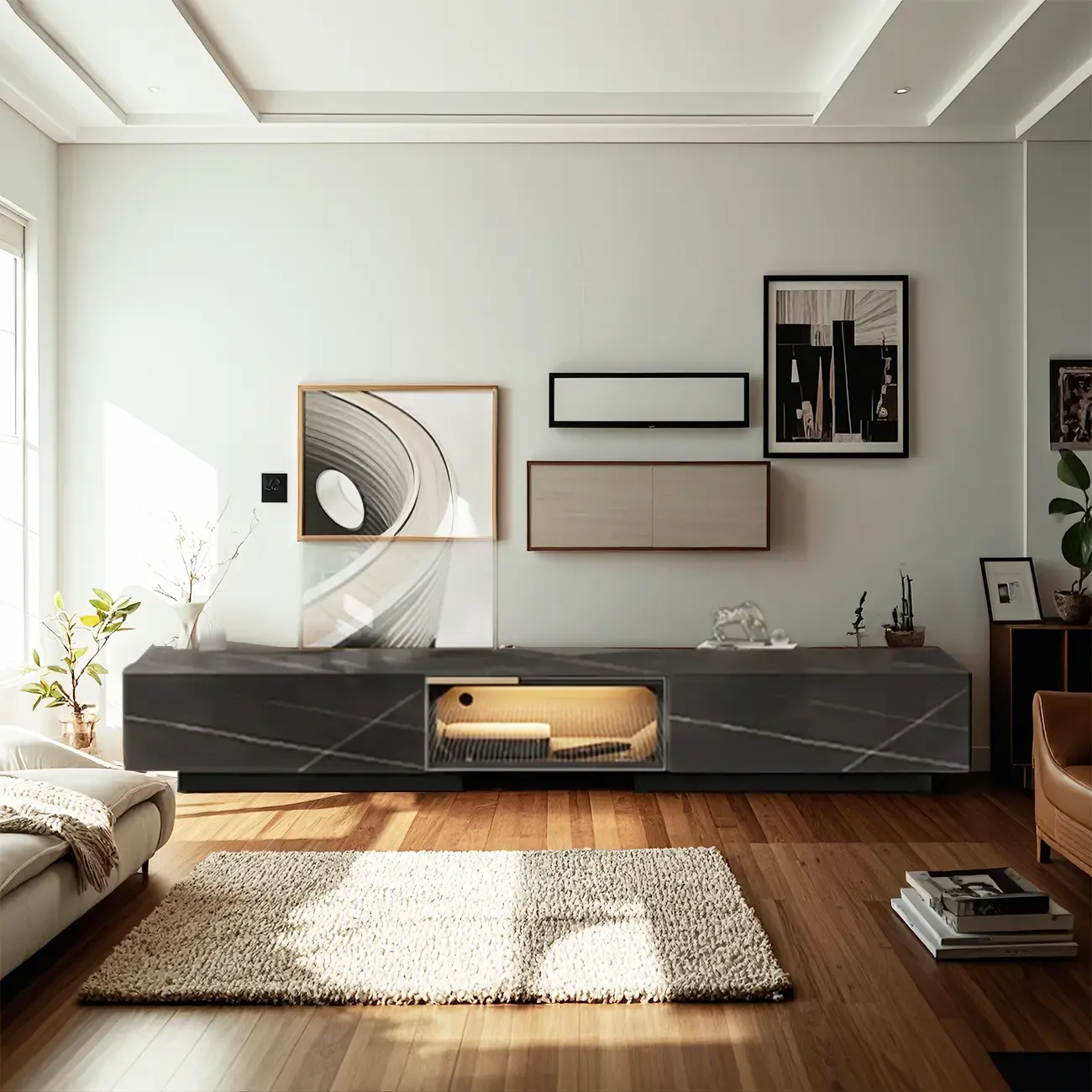 Classic Stone TV Stand with Lighting and Drawers for Living Room Image - 4