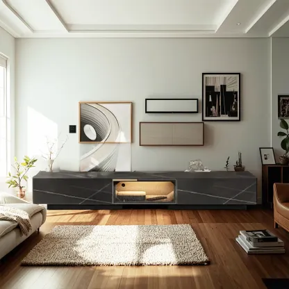 Classic Stone TV Stand with Lighting and Drawers for Living Room Image - 4