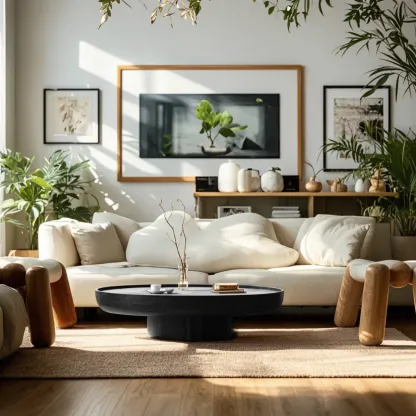 Modern Black Round Fiberglass Coffee Table with Tray Top Image - 1