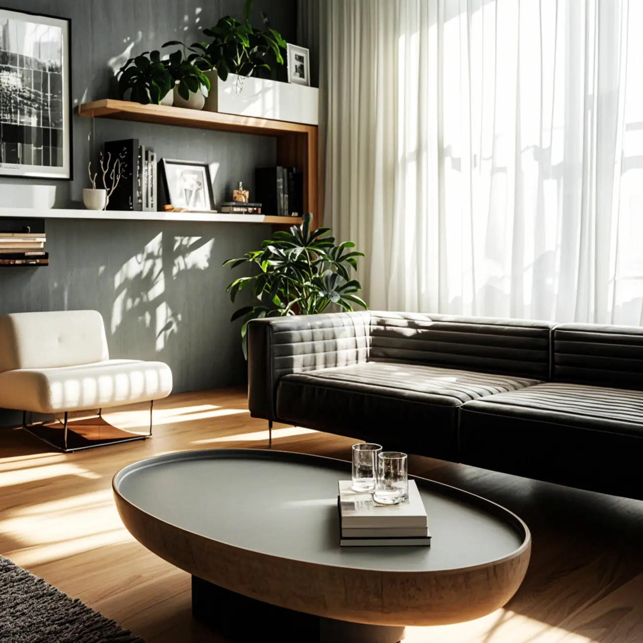 Modern Black Round Fiberglass Coffee Table with Tray Top Image - 3 | homeyfad