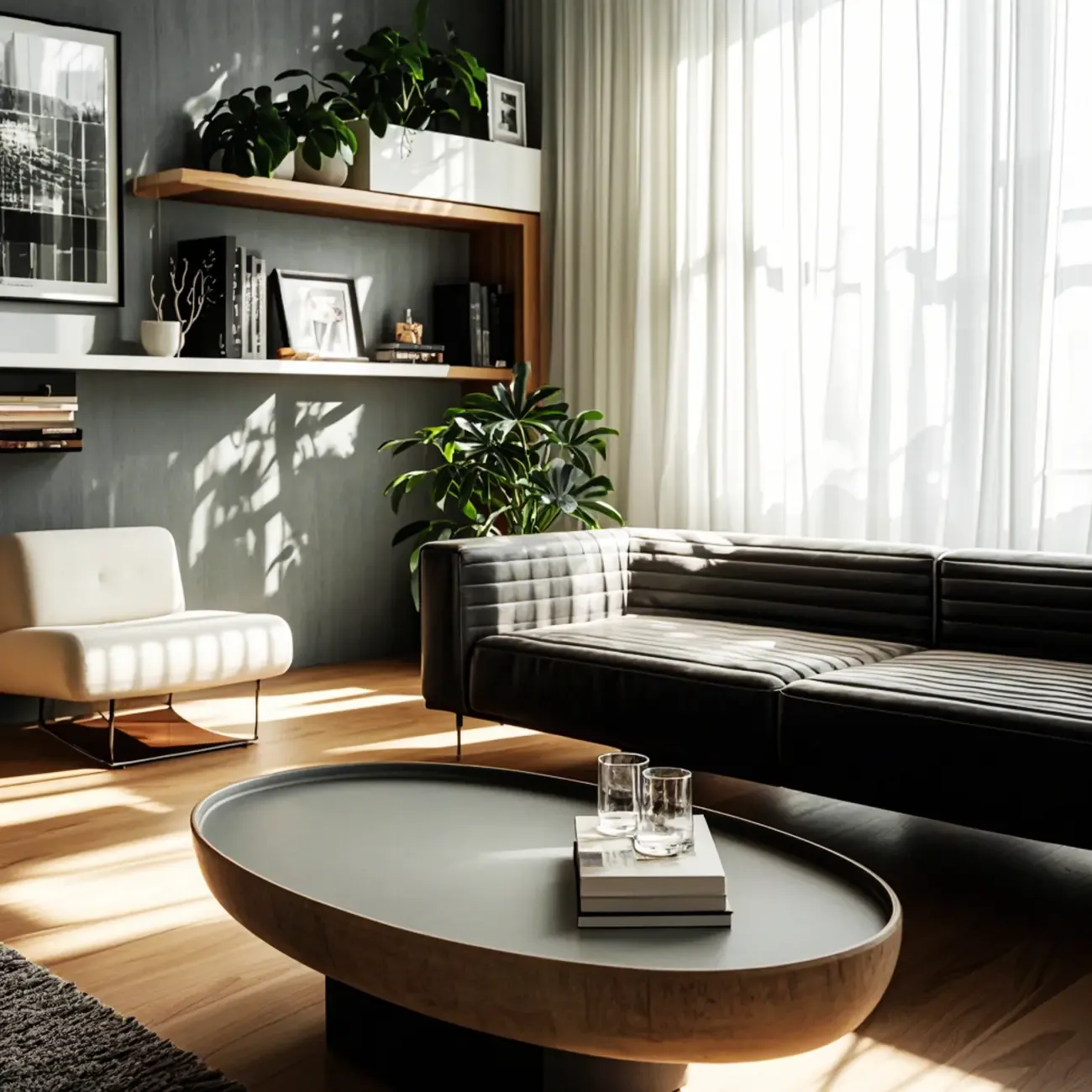 Modern Black Round Fiberglass Coffee Table with Tray Top Image - 3
