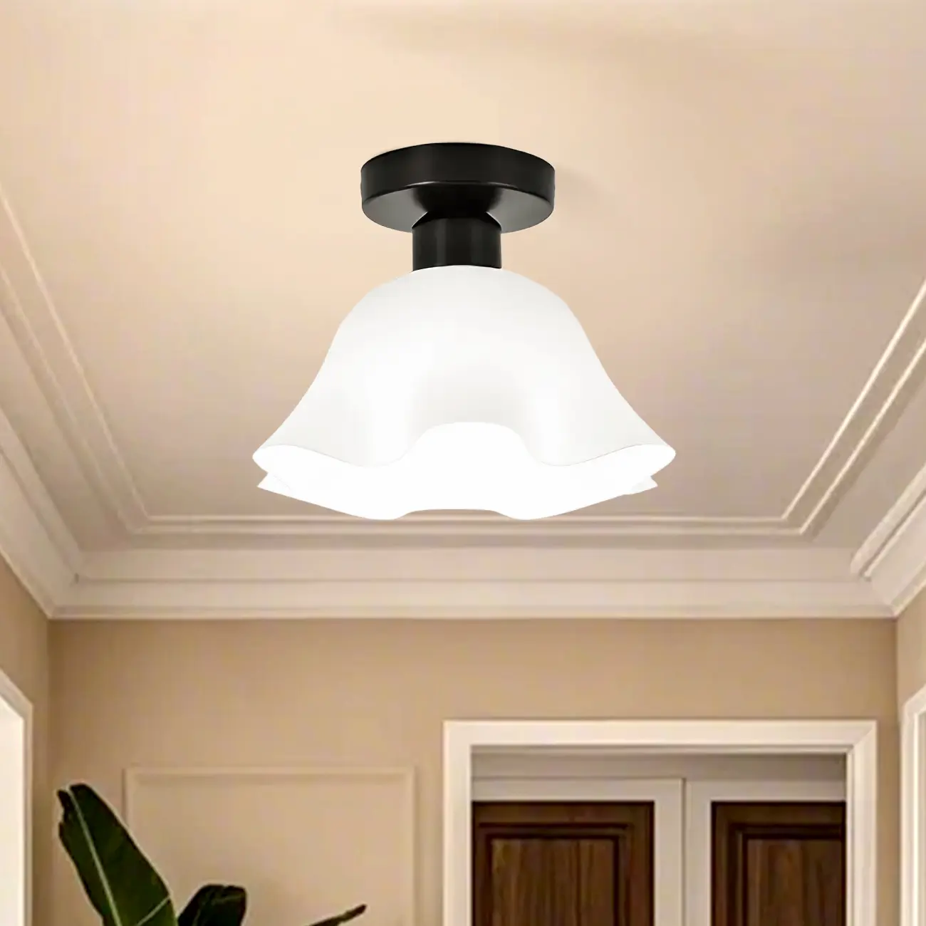 White Flower Glass Shade Metal Semi Flush Ceiling Light Image - 2 | homeyfad