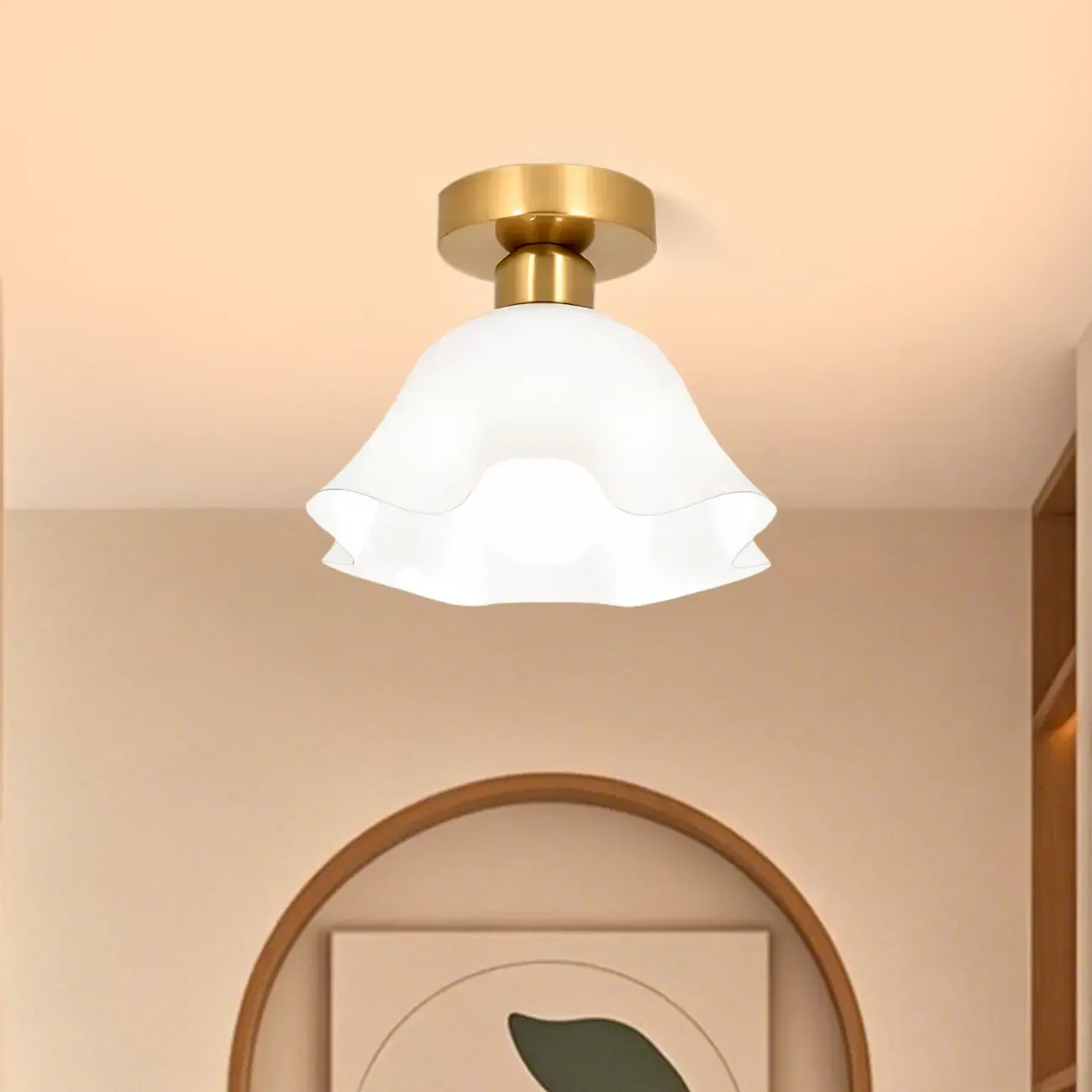 White Flower Glass Shade Metal Semi Flush Ceiling Light Image - 3