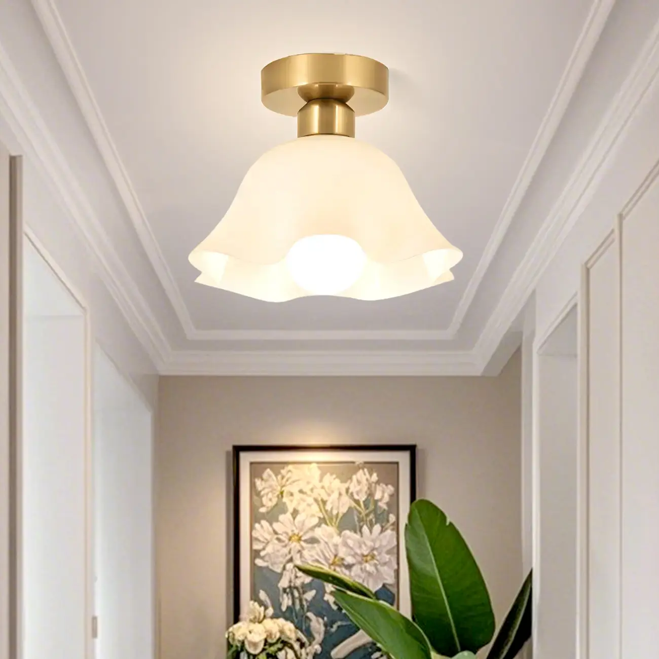 White Flower Glass Shade Metal Semi Flush Ceiling Light Image - 4 | homeyfad