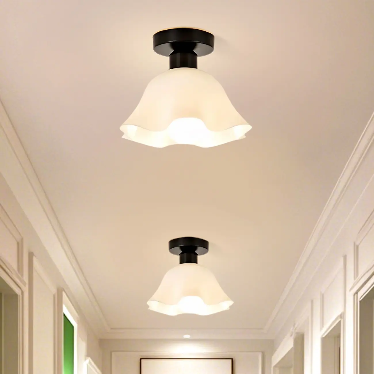 White Flower Glass Shade Metal Semi Flush Ceiling Light Image - 5 | homeyfad