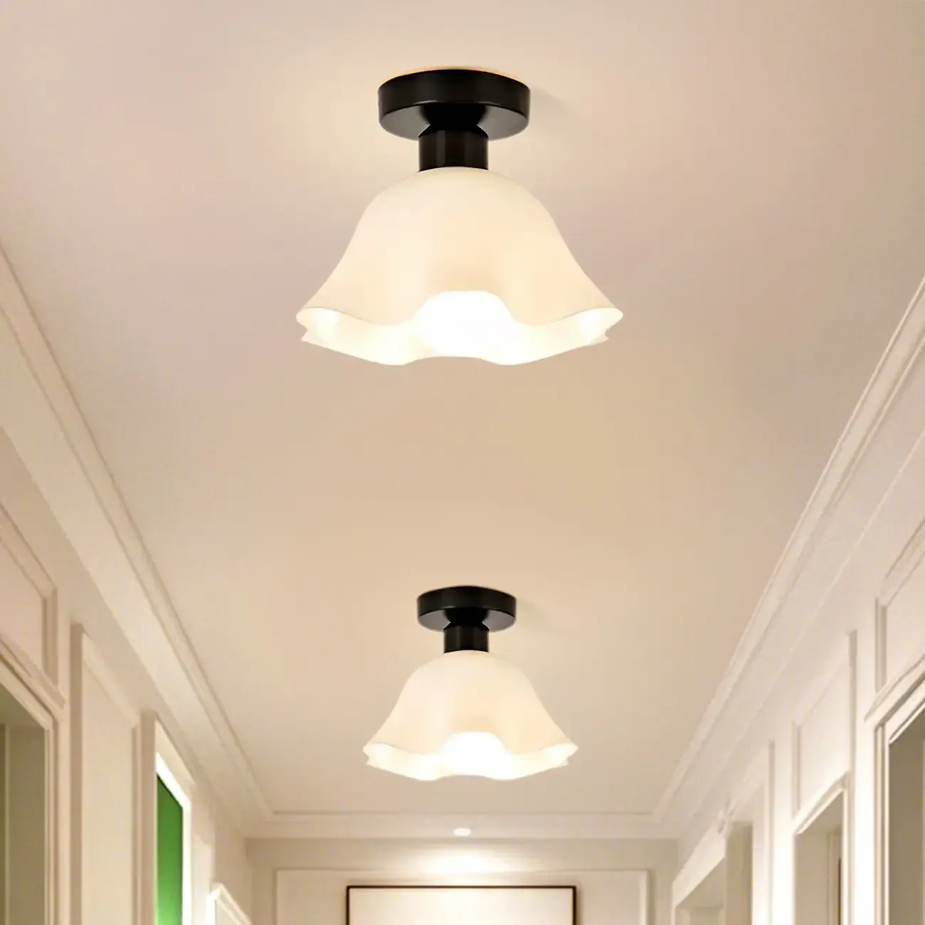 White Flower Glass Shade Metal Semi Flush Ceiling Light Image - 5