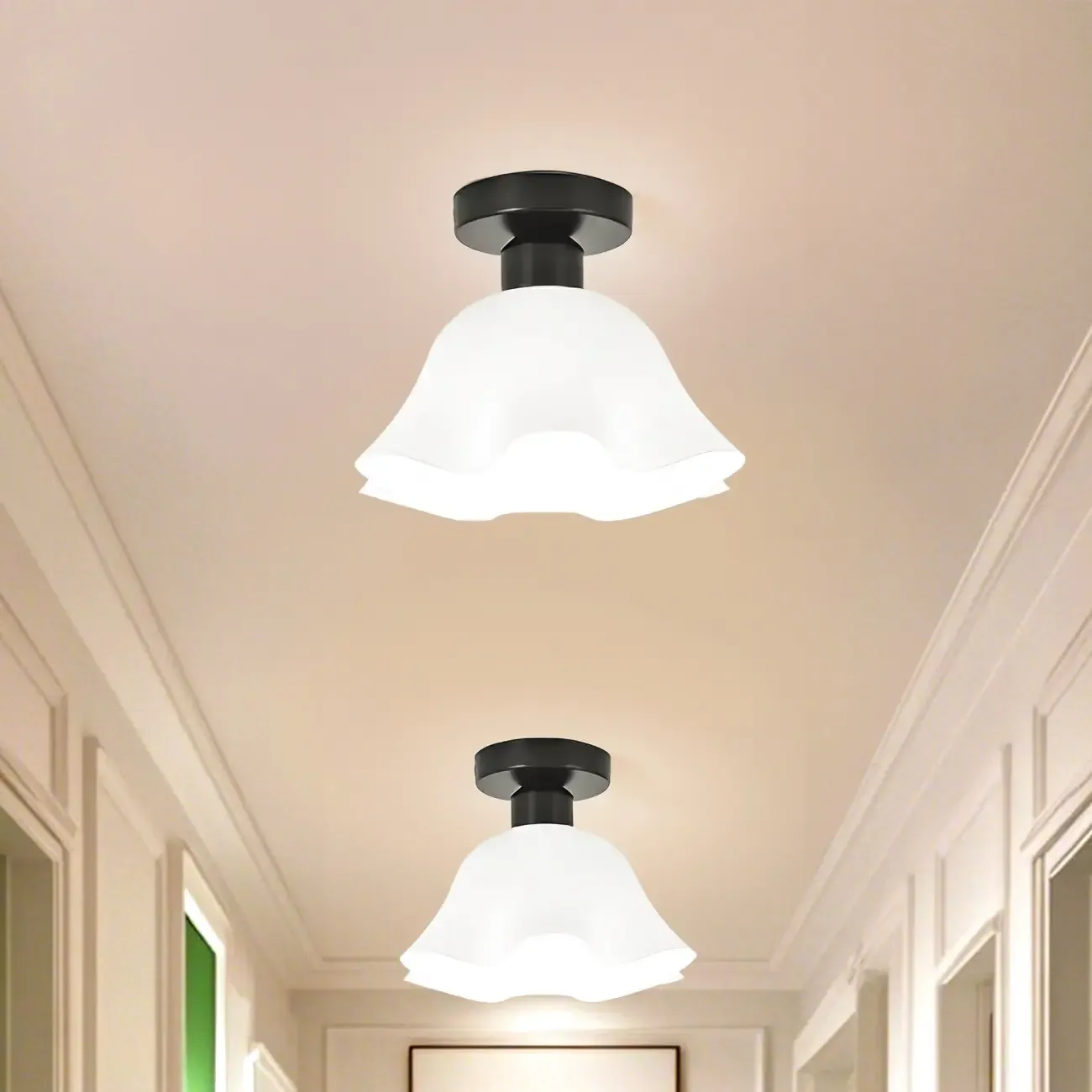 White Flower Glass Shade Metal Semi Flush Ceiling Light Image - 6