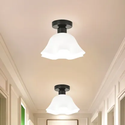 White Flower Glass Shade Metal Semi Flush Ceiling Light Image - 6