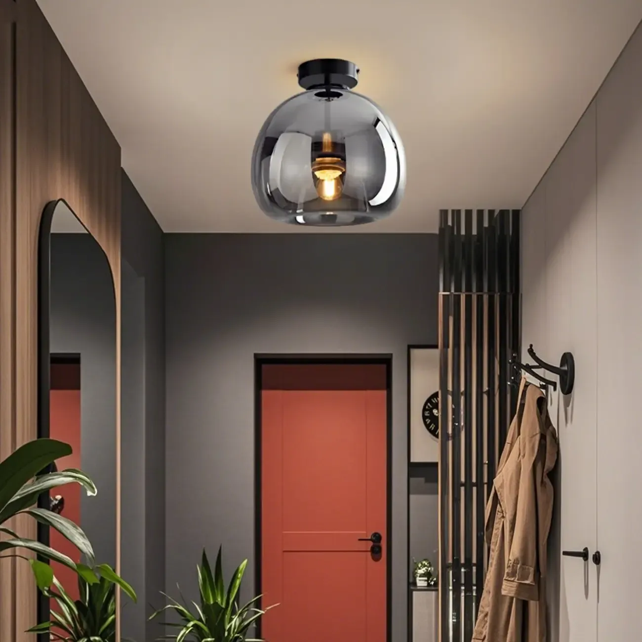 Smoky Glass Dome Metal Modern Semi Flush Ceiling Light Image - 1