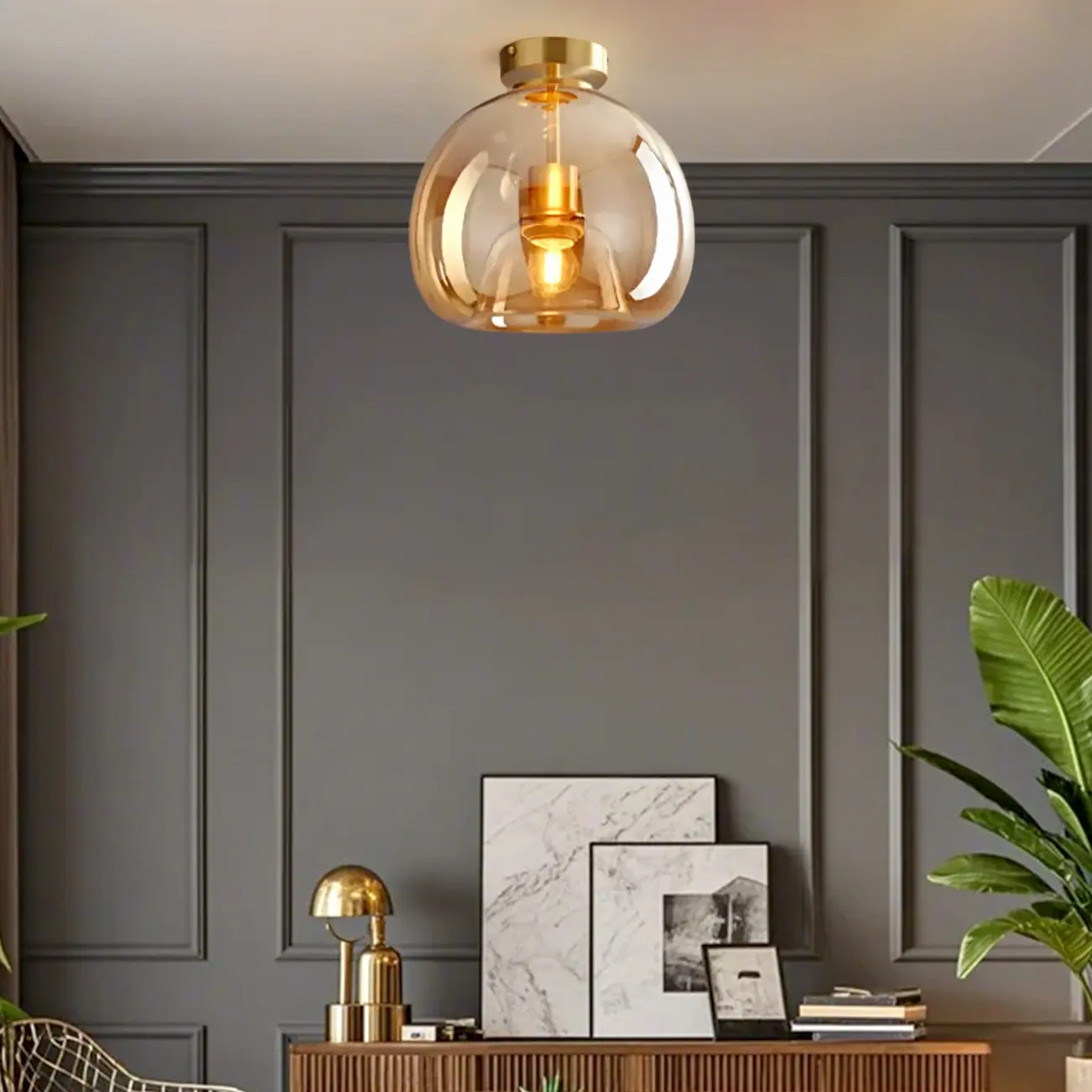 Smoky Glass Dome Metal Modern Semi Flush Ceiling Light Image - 14 | homeyfad