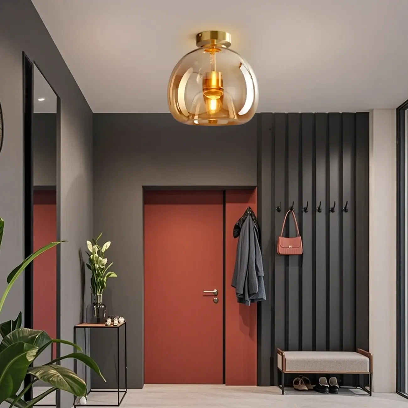 Smoky Glass Dome Metal Modern Semi Flush Ceiling Light Image - 4