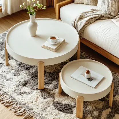 Minimalistic Beige Wood Round Coffee Table with Tray Top   Image - 1