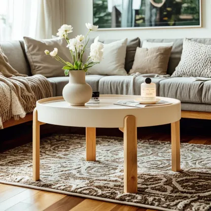 Minimalistic Beige Wood Round Coffee Table with Tray Top   Image - 2