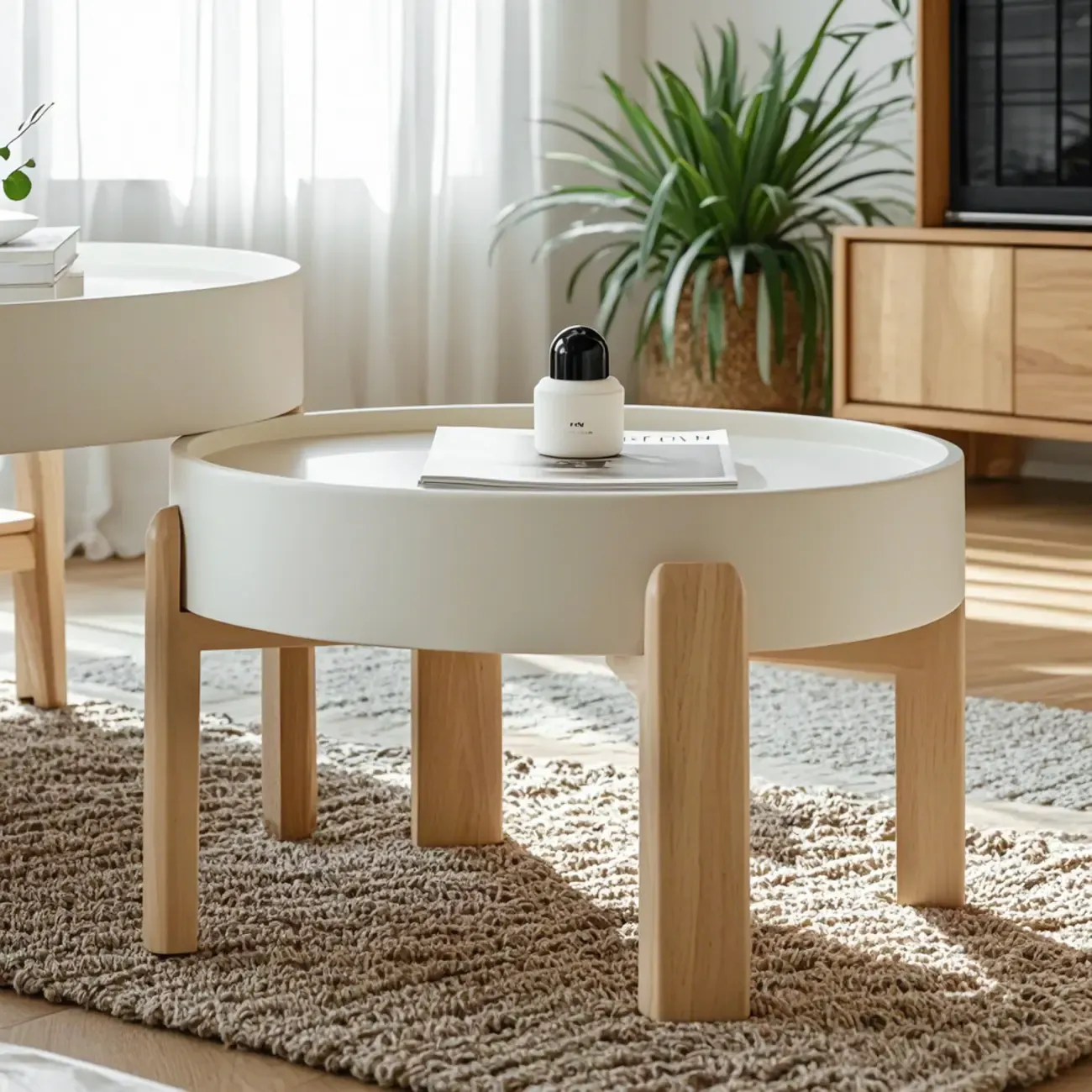 Minimalistic Beige Wood Round Coffee Table with Tray Top Image - 3